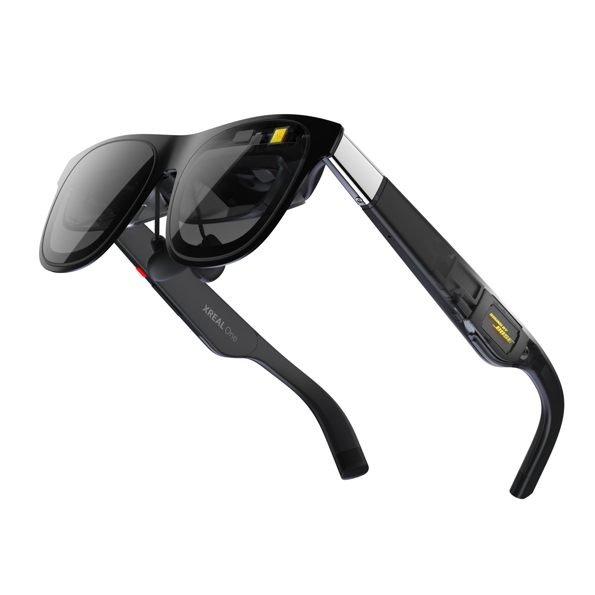 Front and side view of XREAL One augmented reality glasses