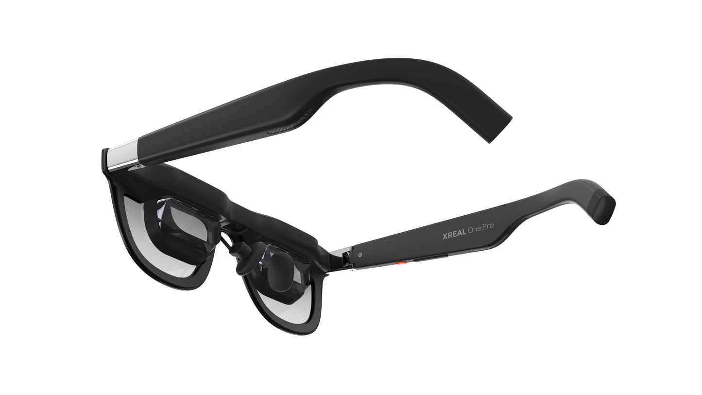 Rear view of XREAL One Pro AR glasses showcasing transparent lens projection system and lightweight sunglasses-style frame