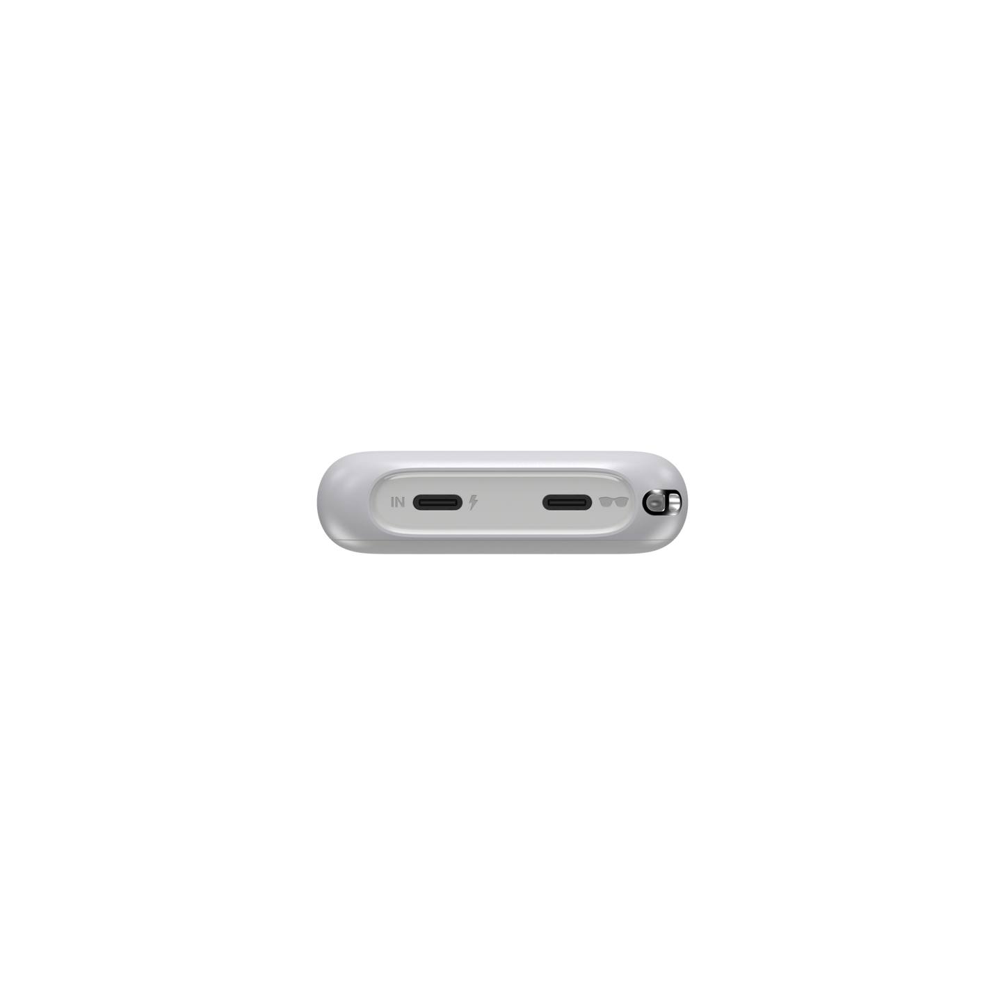 Buttom view of the XREAL Beam AR device showcasing the USB C in and USB C out interfaces
