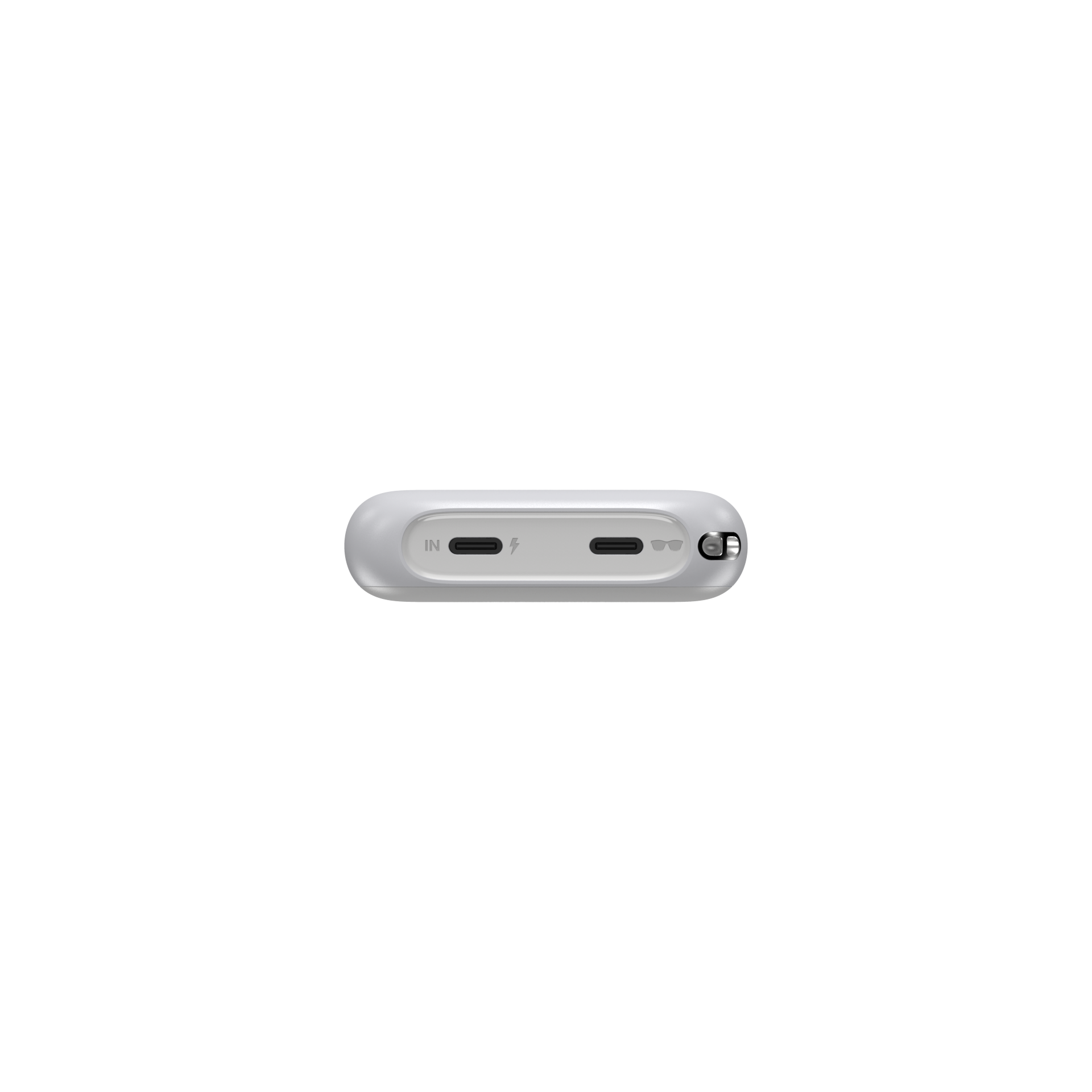 Buttom view of the XREAL Beam AR device showcasing the USB C in and USB C out interfaces