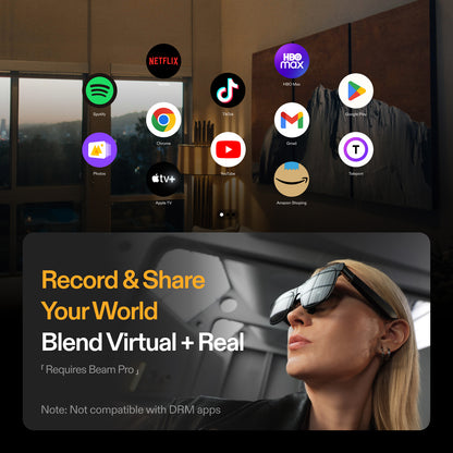 XREAL Eye AR glasses displaying popular apps like Netflix, HBO Max, and YouTube through Beam Pro for immersive entertainment, with DRM content restrictions noted