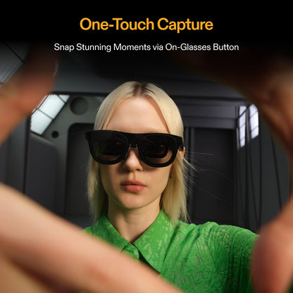 XREAL Eye AR glasses with highlighted one-touch capture button for hands-free photo/video snapping in augmented reality