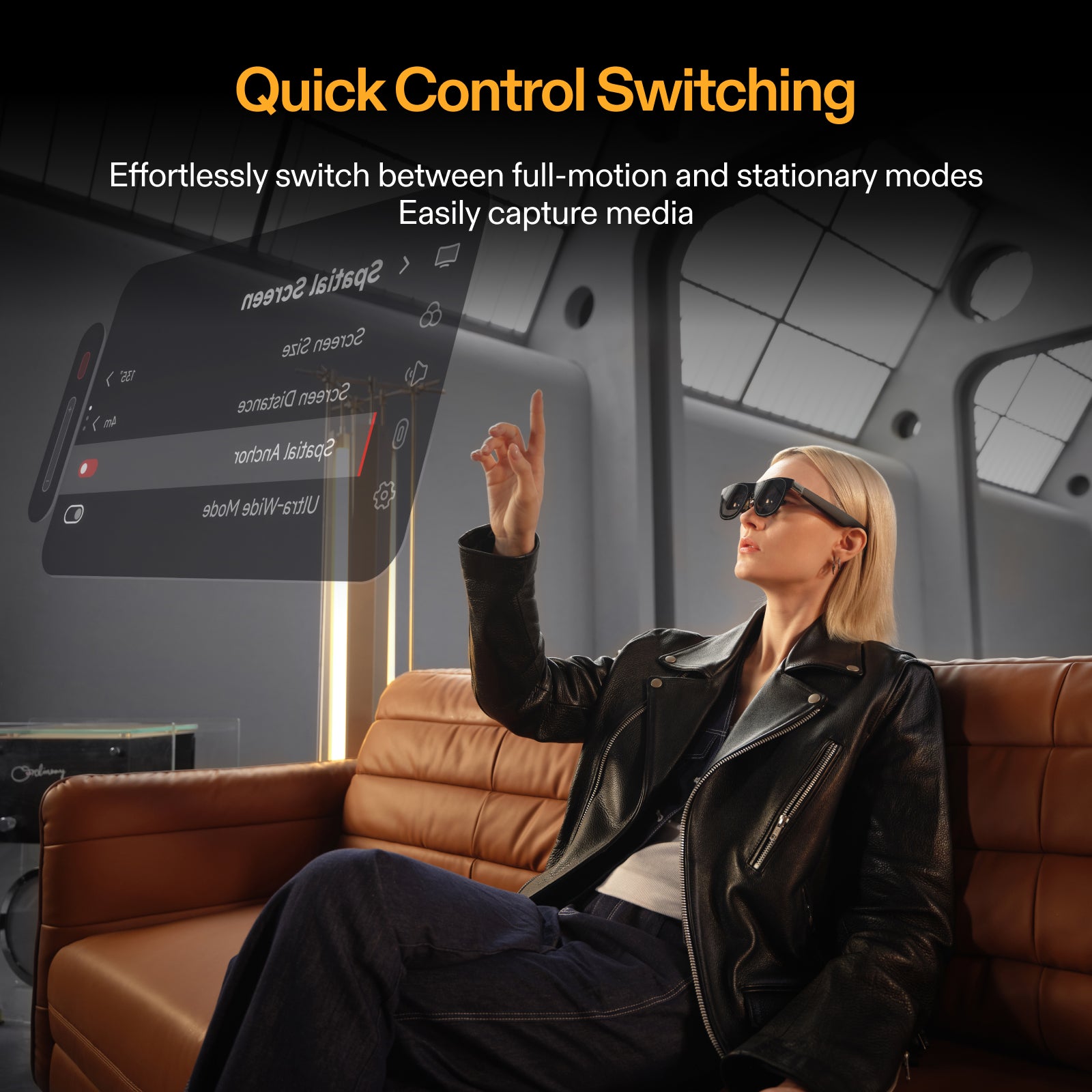 XREAL Eye AR glasses demonstrating quick control switching between full-motion tracking and stationary modes for flexible media capture