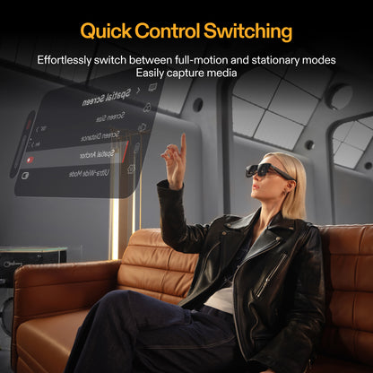 XREAL Eye AR glasses demonstrating quick control switching between full-motion tracking and stationary modes for flexible media capture