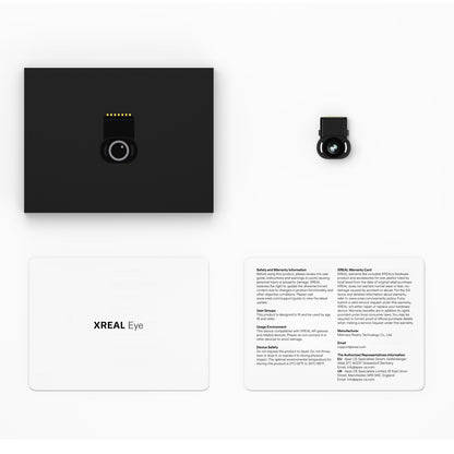 XREAL Eye AR glasses safety information card detailing usage guidelines, warranty terms, and manufacturer contact for users aged 18+